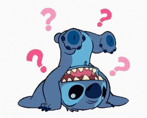 A Cartoon Of Stitch Laying Upside Down With A Question Mark Around His Head GIF
