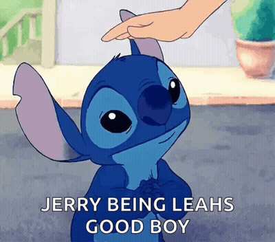 A Cartoon Of Stitch Petting A Person 'S Head With The Words Jerry Being Leahs Good Boy GIF