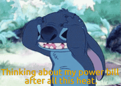 A Cartoon Of Stitch With The Words Thinking About My Power Bill After All This Heat Below Him GIF