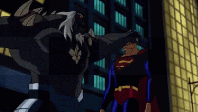 A Cartoon Of Superman Fighting A Monster In A City GIF