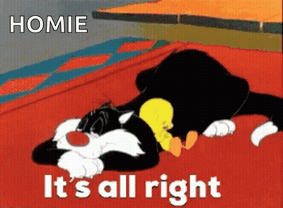 A Cartoon Of Sylvester And Tweety Laying On A Couch With The Caption " Homie It 'S All Right " GIF
