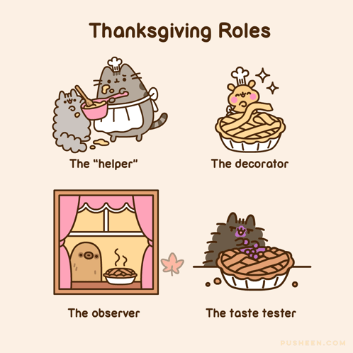 A Cartoon Of Thanksgiving Roles Including The Helper And The Decorator GIF