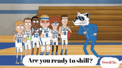 A Cartoon Of The Colts Basketball Team Standing Next To A Coach GIF