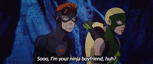 A Cartoon Of The Flash And Green Arrow Talking About Their Ninja Boyfriend GIF