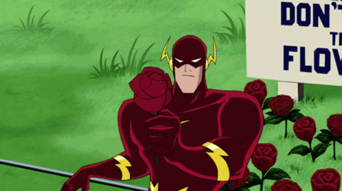 A Cartoon Of The Flash Holding A Rose In Front Of A Sign That Says " Do N't Flow " GIF