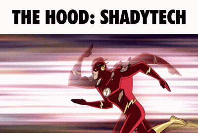 A Cartoon Of The Flash Running With The Words The Hood Shadytech Behind Him GIF