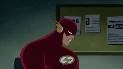A Cartoon Of The Flash Sitting In Front Of A Bulletin Board With Papers On It GIF