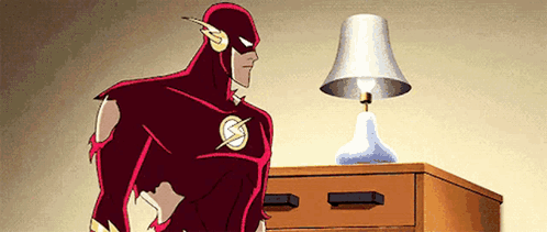 A Cartoon Of The Flash Standing Next To A Lamp And A Dresser . GIF