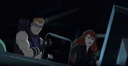 A Cartoon Of The Hulk Hawkeye And Black Widow Talking To Each Other GIF