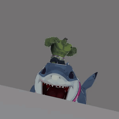 A Cartoon Of The Hulk Riding A Shark With Its Mouth Open GIF