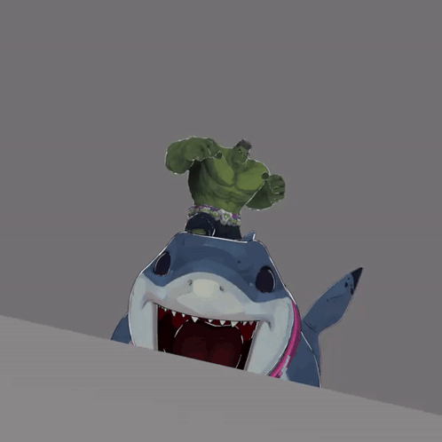 A Cartoon Of The Hulk Riding A Shark With Its Mouth Open GIF