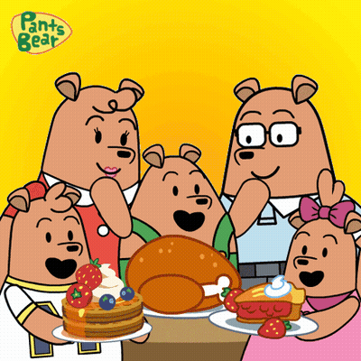 A Cartoon Of The Pants Bear Family With A Turkey And Pancakes GIF