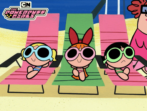 A Cartoon Of The Powerpuff Girls Sitting On A Beach GIF
