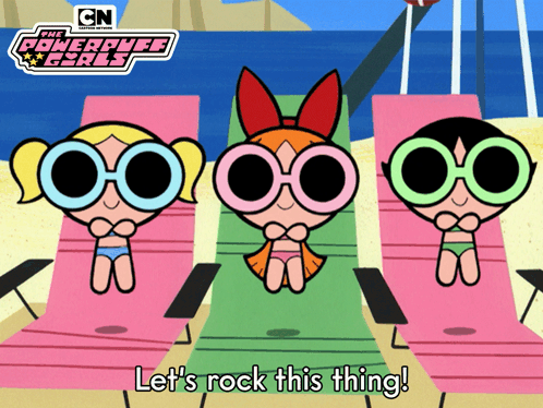 A Cartoon Of The Powerpuff Girls Sitting On The Beach GIF