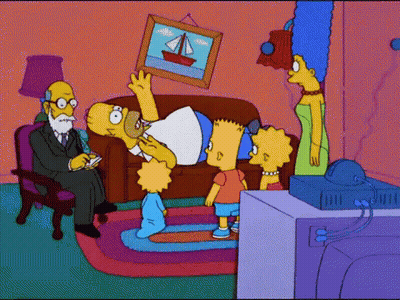 A Cartoon Of The Simpsons Sitting In A Living Room With A Picture Of A Sailboat On The Wall GIF