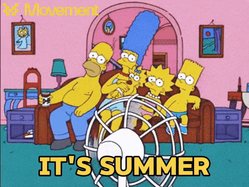 A Cartoon Of The Simpsons Sitting In Front Of A Fan With The Words It 'S Summer GIF