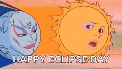 A Cartoon Of The Sun And Moon With Their Faces Painted On Them And The Words `` Happy Eclipse Day '' . GIF