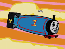 A Cartoon Of Thomas The Tank Engine Flying In The Air With The Number 1 On It GIF