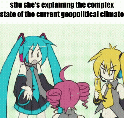 A Cartoon Of Three Anime Characters Standing Next To Each Other And Explaining The Complex State Of The Current Geopolit GIF