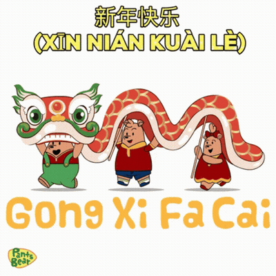 A Cartoon Of Three Bears Dancing A Lion Dance With Song Xi Fa Cai Written Below Them GIF