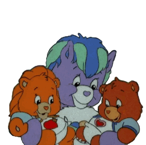 A Cartoon Of Three Care Bears Including A Purple One Sticker