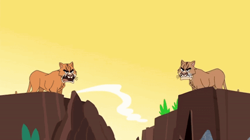 A Cartoon Of Three Cats Running Across A Mountain GIF