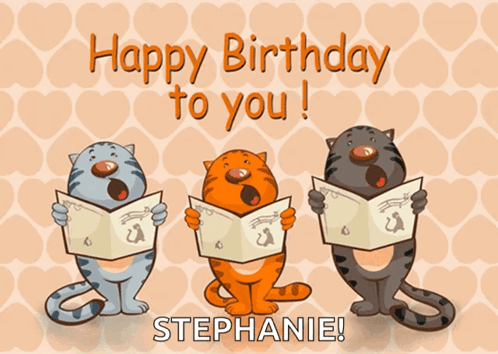 A Cartoon Of Three Cats Singing With The Name Stephanie Below Them GIF