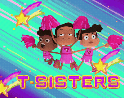 A Cartoon Of Three Cheerleaders With The Words T-Sisters In The Background GIF