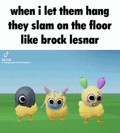 A Cartoon Of Three Chickens Dancing With The Caption When I Let Them Hang They Slam On The Floor Like Brock Lesnar GIF