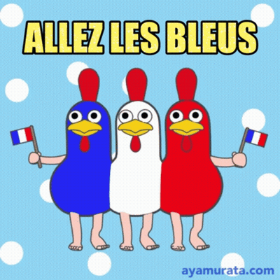 A Cartoon Of Three Chickens Holding French Flags With The Words Allez Les Bleus On The Bottom GIF
