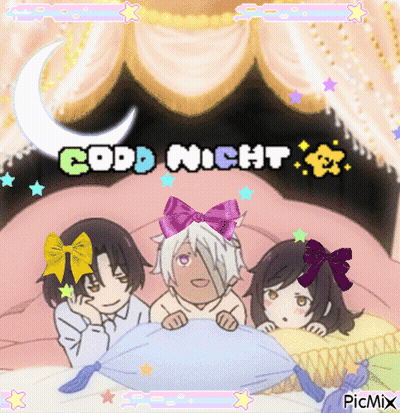 A Cartoon Of Three Children Laying On A Bed With The Words Good Night GIF