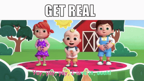 A Cartoon Of Three Children Standing On Top Of A Watermelon With The Words Get Real Written Above Them . GIF
