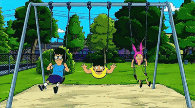A Cartoon Of Three Children Swinging On A Swing Set In A Park . GIF