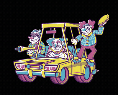 A Cartoon Of Three Clowns In A Car GIF