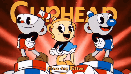 A Cartoon Of Three Cuphead Characters Standing On Top Of A Stack Of Poker Chips GIF
