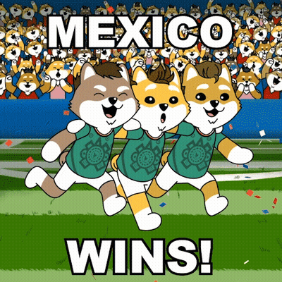 A Cartoon Of Three Dogs Running In Front Of A Crowd That Says ' Mexico Wins ' GIF
