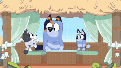 A Cartoon Of Three Dogs Sitting On A Couch Under A Canopy GIF