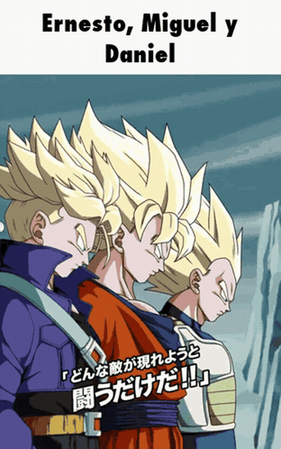 A Cartoon Of Three Dragon Ball Characters With The Words Ernesto Miguel Y Daniel On The Bottom GIF