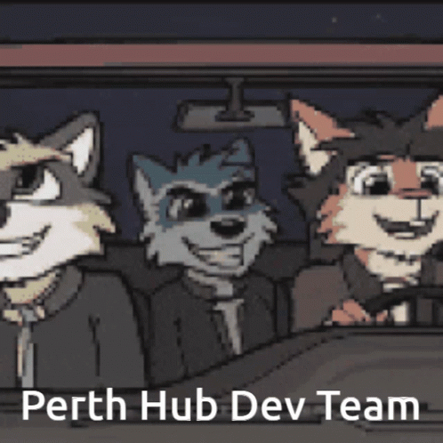 A Cartoon Of Three Furry Animals In A Car With The Words Perth Hub Dev Team On The Bottom GIF