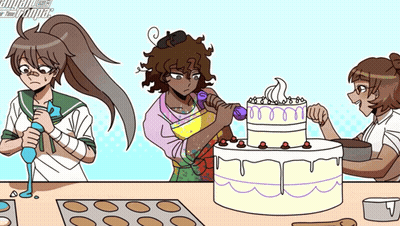 A Cartoon Of Three Girls Decorating A Cake With The Words Animal Crossing On The Bottom Right Corner GIF