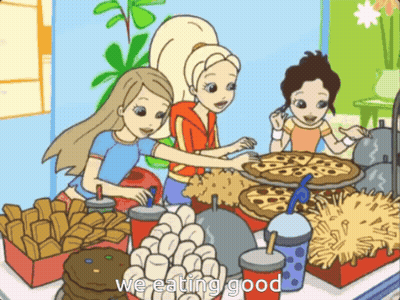 a cartoon of three girls standing around a table with the words we eating good on the bottom