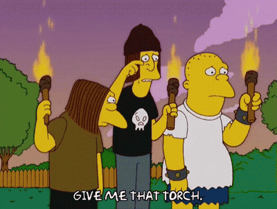 A Cartoon Of Three Men Holding Torches With The Caption Give Me That Torch GIF