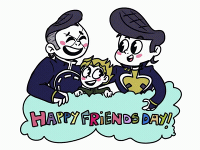 A Cartoon Of Three Men Hugging A Child And The Words Happy Friends Day GIF