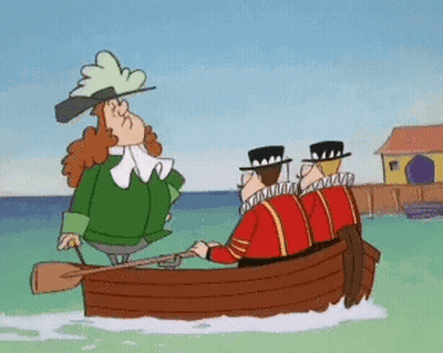 A Cartoon Of Three Men In A Boat . GIF