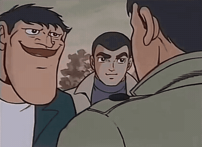 A Cartoon Of Three Men Talking To Each Other With One Of Them Smiling GIF