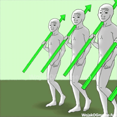 A Cartoon Of Three Naked Men Holding Green Arrows With The Words Wojakogmeme.fun At The Bottom GIF