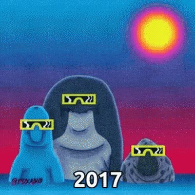 A Cartoon Of Three Penguins Wearing Sunglasses And The Year 2017 GIF