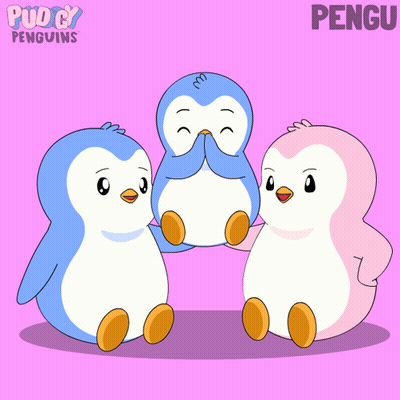 A Cartoon Of Three Penguins With The Name Pengu GIF