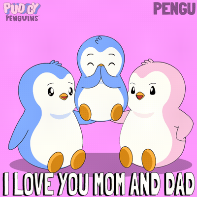 A Cartoon Of Three Penguins With The Words I Love You Mom And Dad Underneath Them GIF