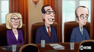 A Cartoon Of Three People Sitting Around A Table With Showtime Written On The Bottom GIF